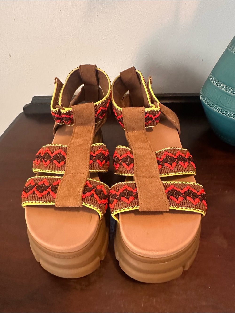 UGG Brown Suede Platform Sandals with Red and Yellow Trim